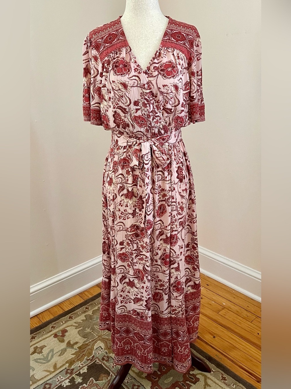 Knox Rose XS Boho Floral Midi Dress Tie Waist Rayon Cottagecore